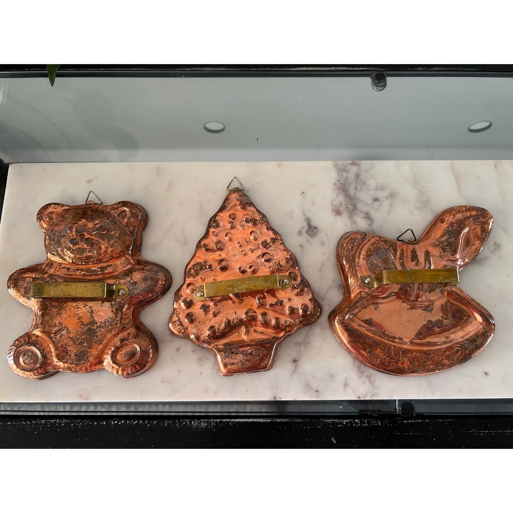 Vintage Portugal Copper Tin Molds Set of 3 Bear Christmas Tree Rocking Horse